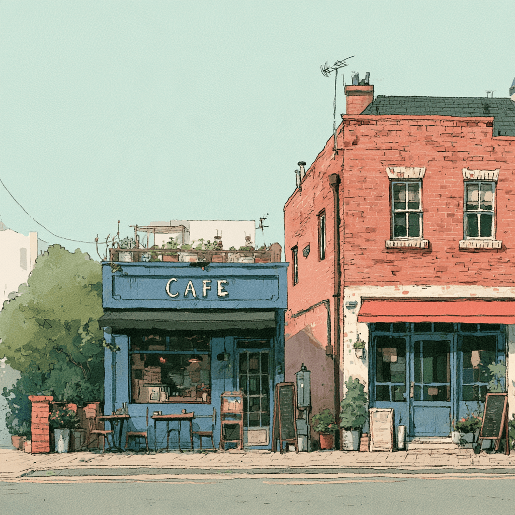 Illustration of a blue corner café next to a red-brick shop on a quiet street