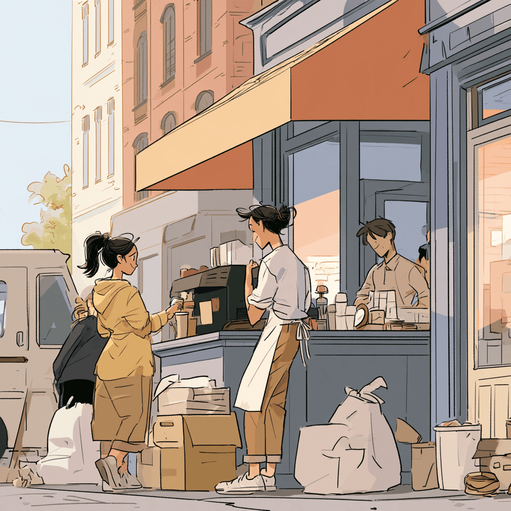 Illustration of a café owner serving a customer at a street counter